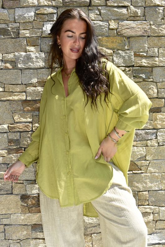 Shayle Indian Cotton Boyfriend Beach Shirt Olive